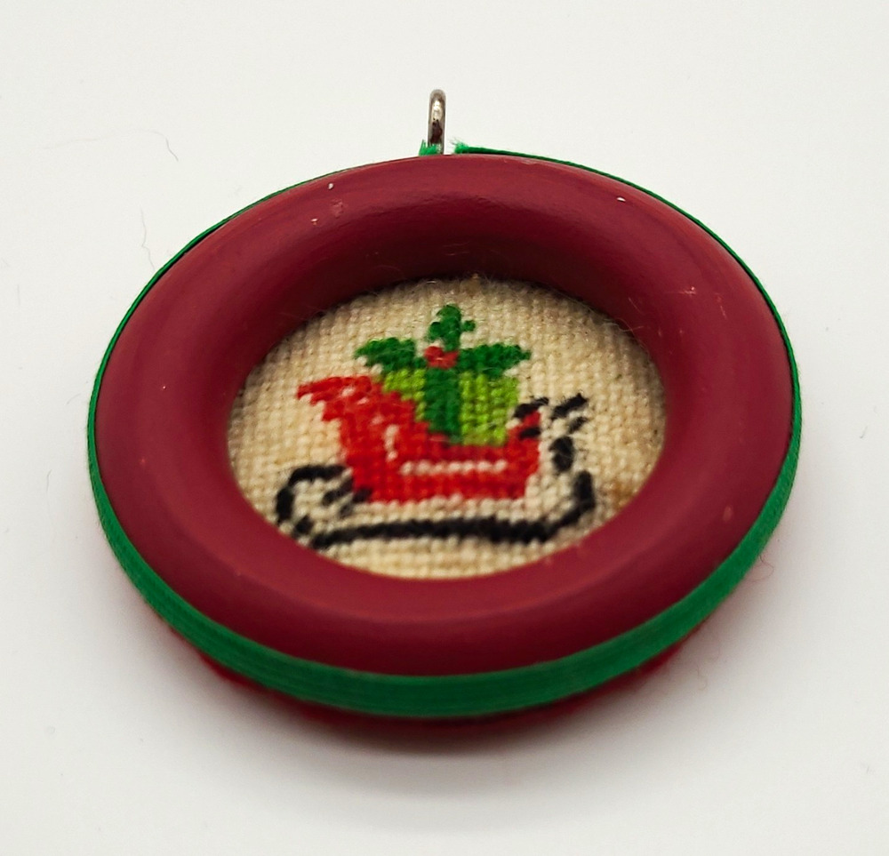 Vintage Cross Stitch Christmas Ornament Sleigh Hand Made Felt Back EC 74 Signed